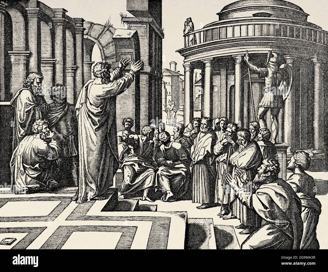 Der heilige Apostel Paulus predigt in Athen. Alte Illustration von Jesus Christus aus dem 19. Jahrhundert von Veuillot 1881 Stockfoto