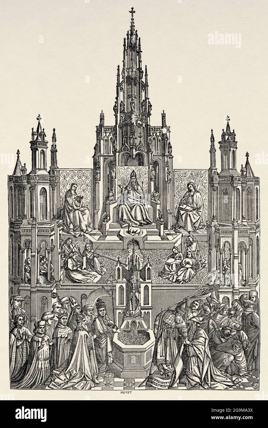 La Fuente De La Vida. Der Brunnen der Gnade, Gemälde von Jan van Eyck (1390-1441) war ein flämischer Maler. Alte Illustration von Jesus Christus aus dem 19. Jahrhundert von Veuillot 1881 Stockfoto