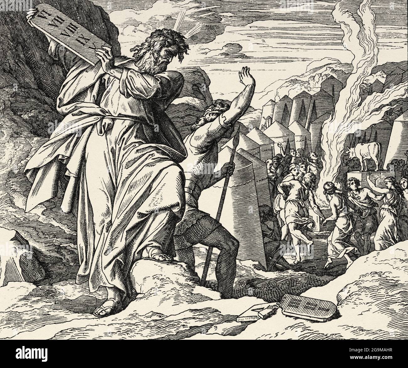 Exodus. Gott legt das Gesetz in den Tisch. Moses bricht die Zeugenaussagen. Heilige biblische Geschichte Altes Testament. Alter Stich aus dem Buch Historia Sagrada 1920 Juan Lagui Lliteras Stockfoto Exodus. Gott legt das Gesetz in den Tisch. Moses bricht die Zeugenaussagen. Heilige biblische Geschichte Altes Testament. Alter Stich aus dem Buch Historia Sagrada 1920 Juan Lagui Lliteras Stockfoto