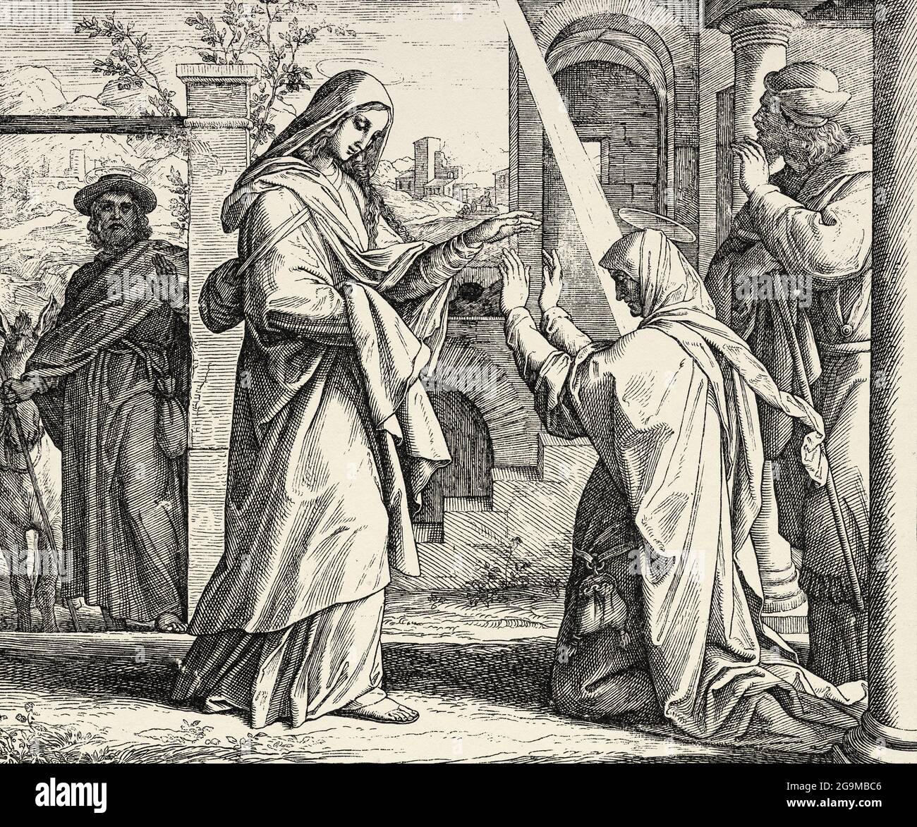 Die Heimsuchung Mariens. Die selige Jungfrau Maria besucht ihre Verwandte Isabel. Lukas Buch, Neues Testament Heilige biblische Geschichte. Alter Stich aus dem Buch Historia Sagrada 1920 Juan Lagui Lliteras Stockfoto