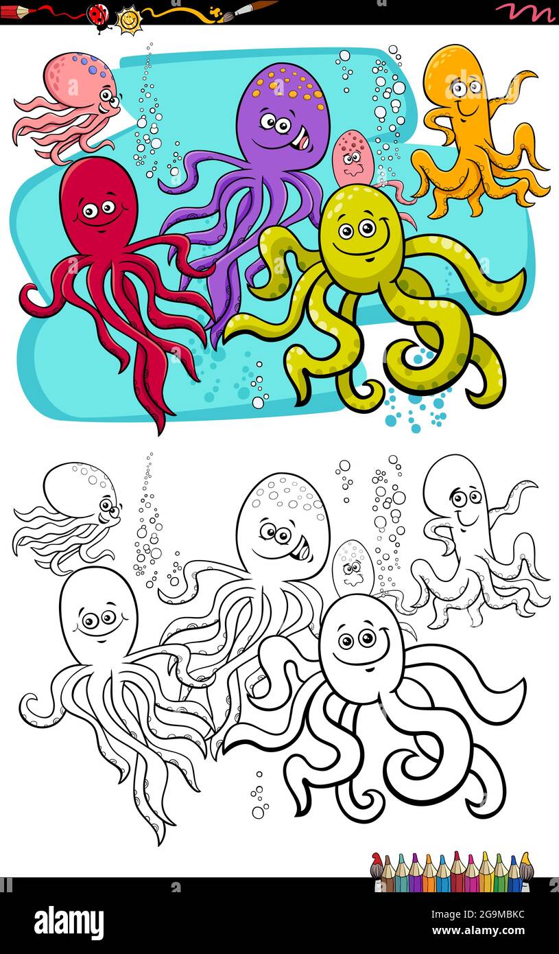 Cartoon Illustration von Krake Tier Comic-Figuren Gruppe Färbung Buch Seite Stock Vektor