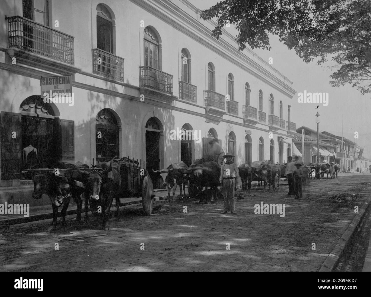 SAN JOSE, COSTA RICA - um 1880-1900 - Straßenszene in der Innenstadt von San J vor einer Reihe von Geschäften - Foto: Geopix Stockfoto