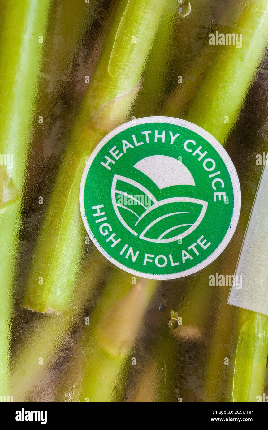 Gesunde Wahl hoch in Folsäure Symbol auf Packung Tesco Spargel Tipps Stockfoto