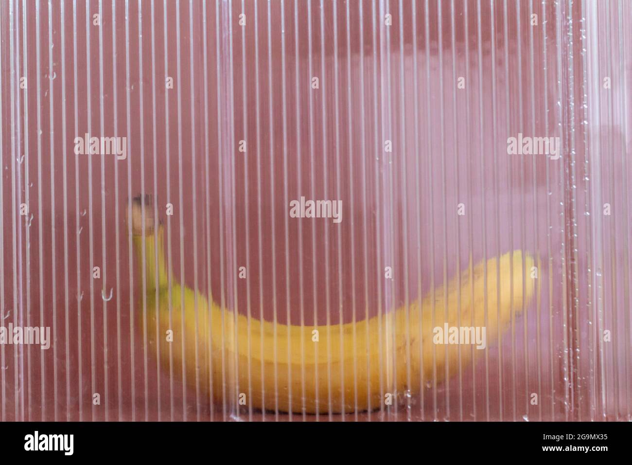 Frische gelbe Banane mit beschädigten Stellen hinter verschwommenem gefrorenem Glas, brauner Hintergrund, selektiver Fokus Stockfoto