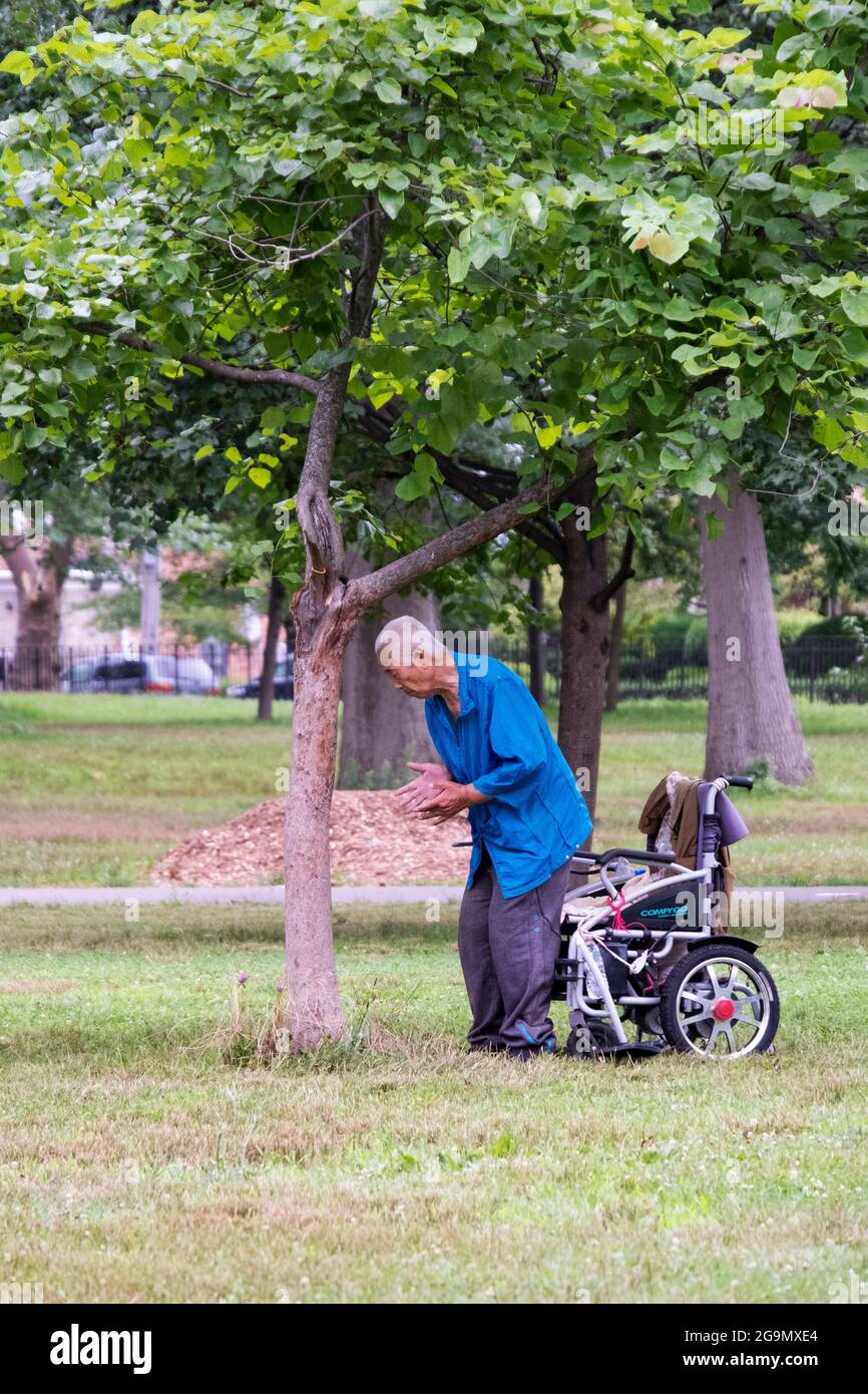 Ein 86-jähriger Mann macht die langsamen Falun-Dong-Übungen in der Nähe eines Baumes. In Queens, New York, ein sehr vielfältiger Ort. Stockfoto