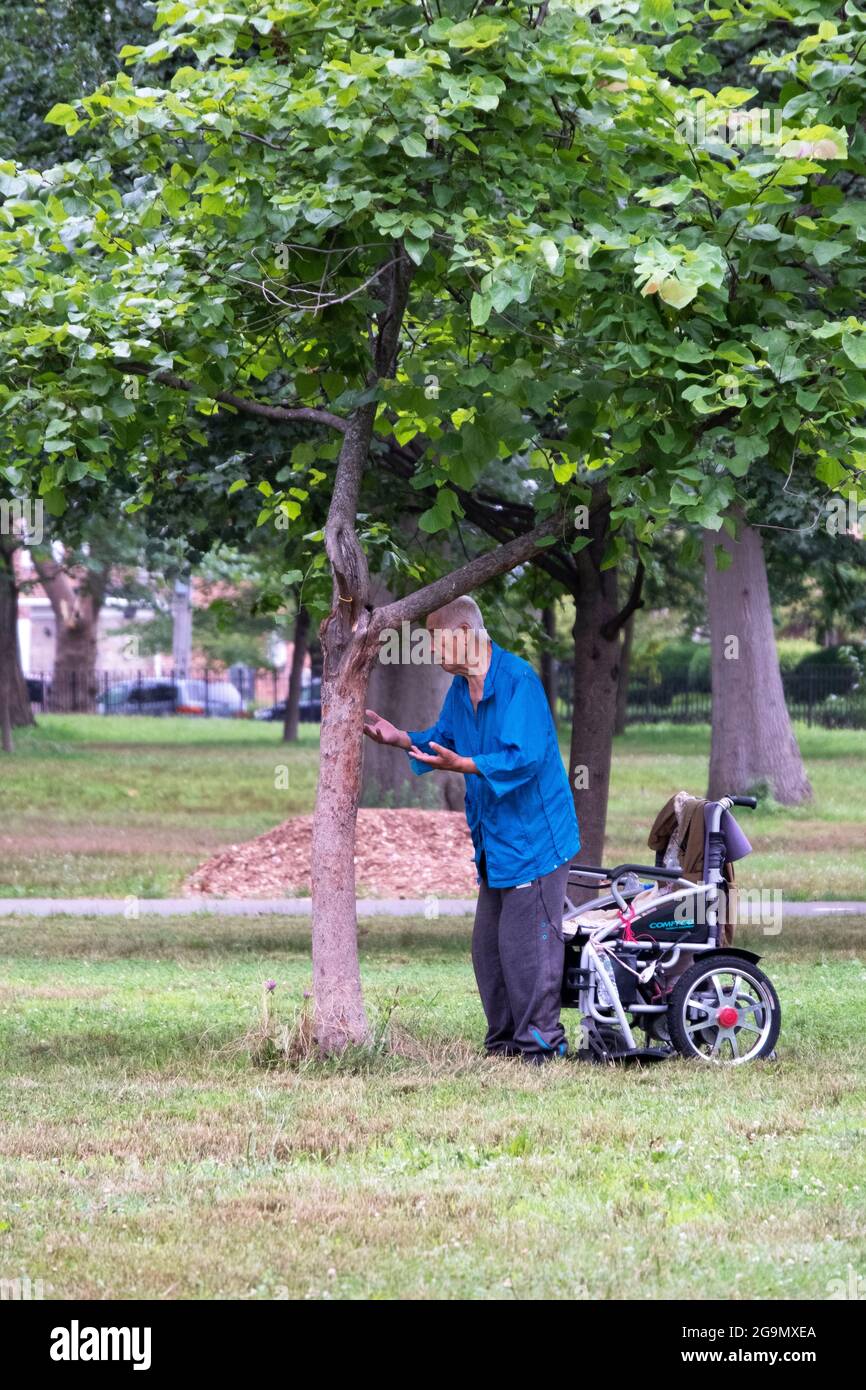 Ein 86-jähriger Mann macht in der Nähe eines Baumes langsam laufende Falun Gong-Übungen. In Queens, New York, ein sehr vielfältiger Ort. Stockfoto