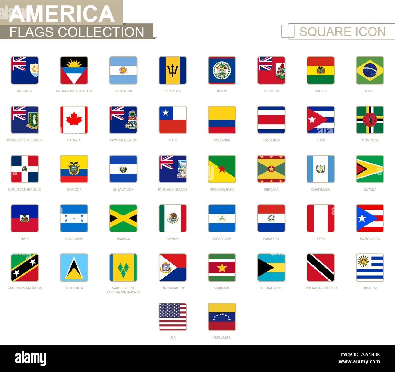 Quadratische Flaggen von Amerika. Von Anguilla nach Venezuela. Vektorgrafik. Stock Vektor