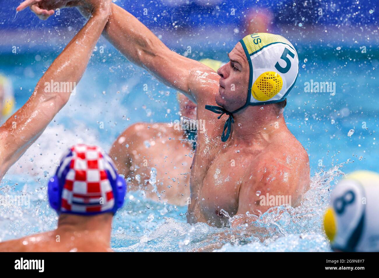 TOKIO, JAPAN - 27. JULI: Nathan Power of Australia während des Olympischen Wasserball-Turniers 2020 in Tokio am 27. Juli 2021 im Tatsumi Waterpolo Center in Tokio (Foto: Marcel ter Bals/Orange Picles) Stockfoto