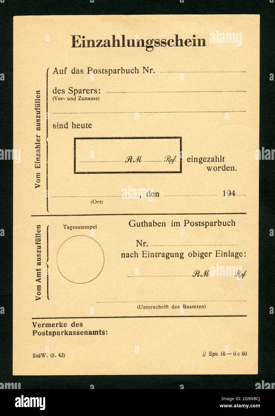 Europa, Deutschland, Deutsche Reichspost, Postsparbuch, Einzahlungsschein, WAHRSCHEINLICH AB 1942 , ZUSÄTZLICHE-RIGHTS-CLEARANCE-INFO-NOT-AVAILABLE Stockfoto