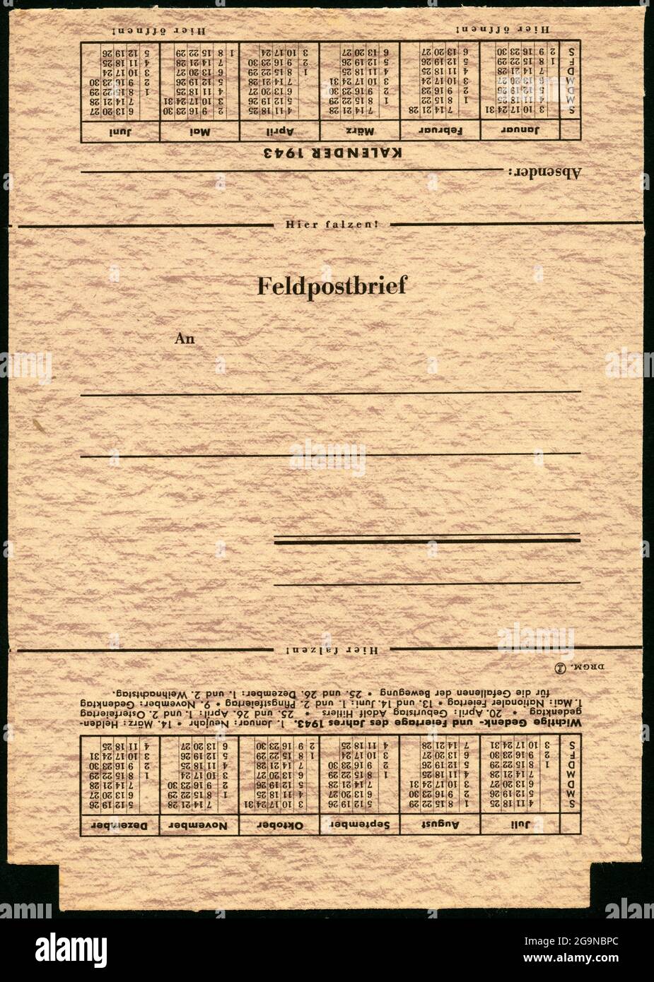 Europa, Deutschland, 2. Weltkrieg, Blankoformular für Briefe der Streitkräfte-Post, 1943 , ZUSÄTZLICHE-RIGHTS-CLEARANCE-INFO-NOT-AVAILABLE Stockfoto