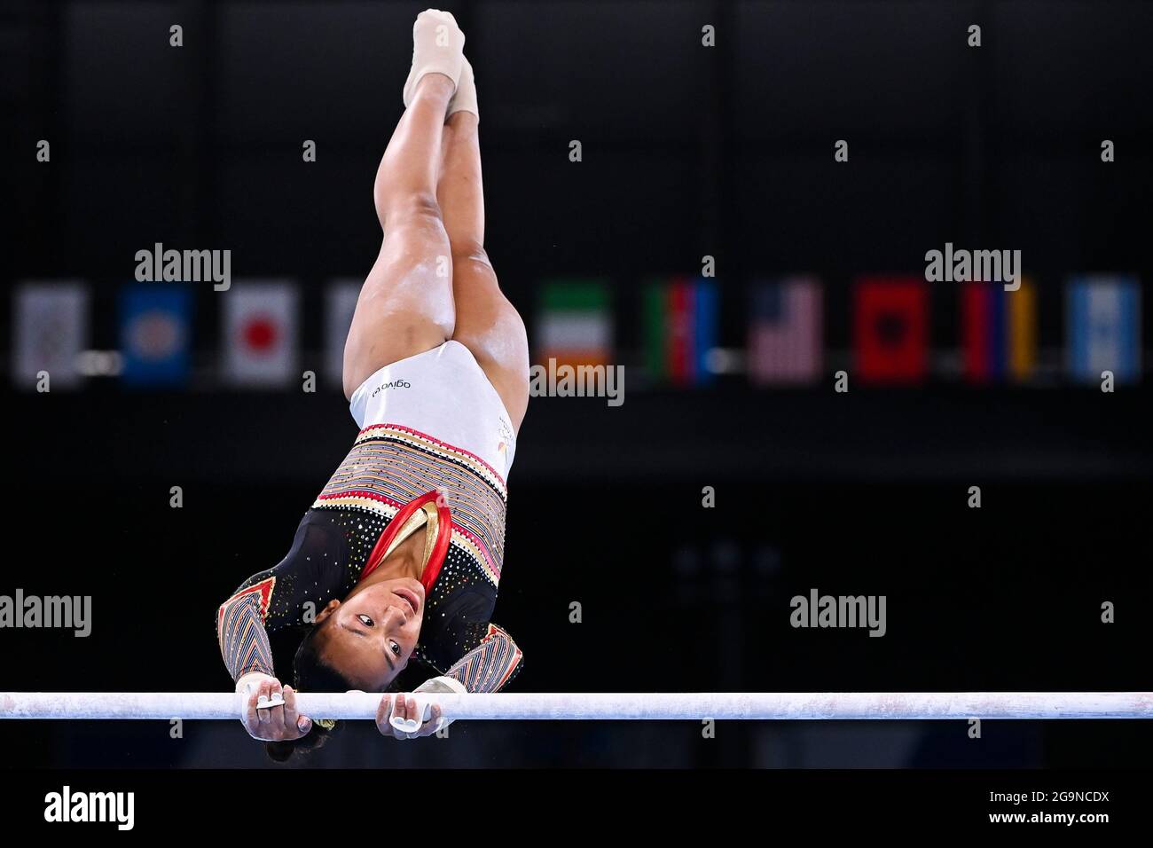 Die Belgierin Jutta Verkest zeigte sich während des Teamfinales des Kunstturnwettbewerbs am fünften Tag der Olympischen Spiele von Tokio 2020 in Aktion Stockfoto