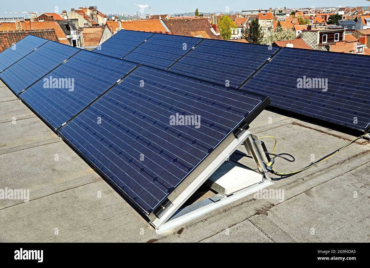 Große elektrische Solarzellen auf dem Dach bei Sonnenaufgang mit klarem blauen Himmel Stockfoto