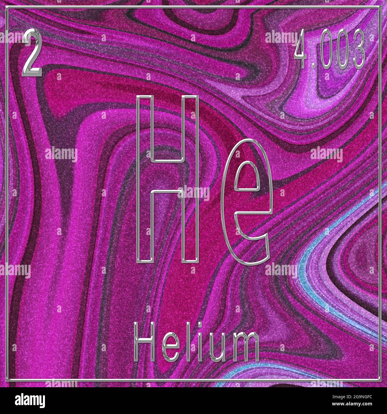 Chemisches Helium-Element, Zeichen mit Ordnungszahl und Ordnungsgewicht, Periodensystem, Rosa Hintergrund Stockfoto