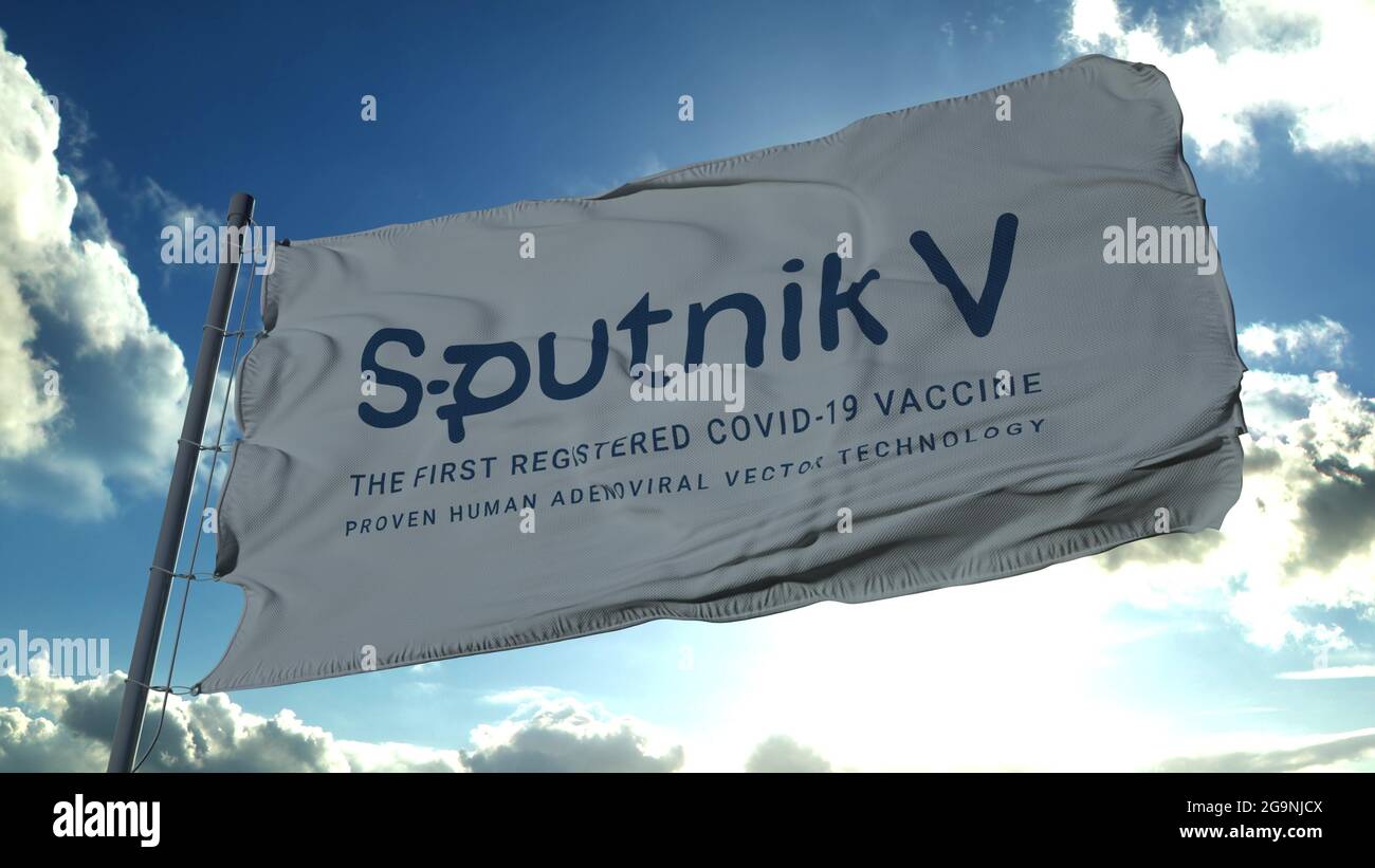 MOSKAU, RUSSLAND, 2021. JUNI: Flagge mit dem Sputnik-V-Impfstofflogo winkt im Wind. Sputnik V ist der russische Impfstoff COVID-19. 3d-Rendering Stockfoto