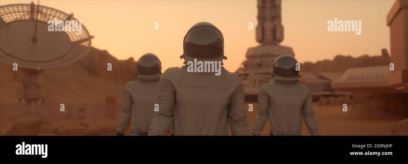 Astronauten auf der Oberfläche des Mars. Mars-Kolonisationskonzept. 3d-Rendering Stockfoto