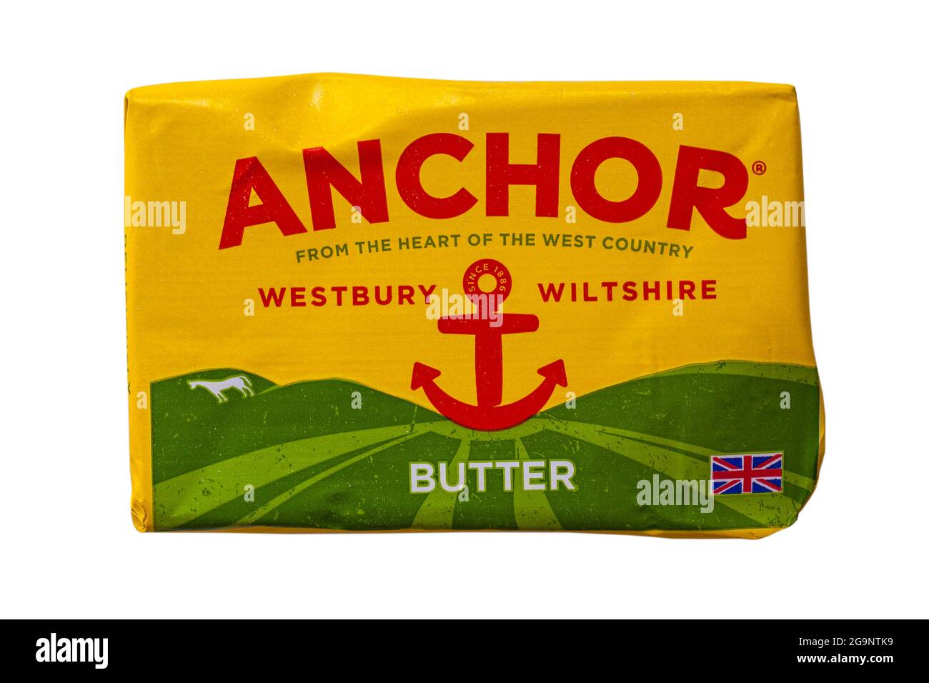 Pack Anchor Butter aus dem Herzen des West Country Westbury Wiltshire isoliert auf weißem Hintergrund Stockfoto