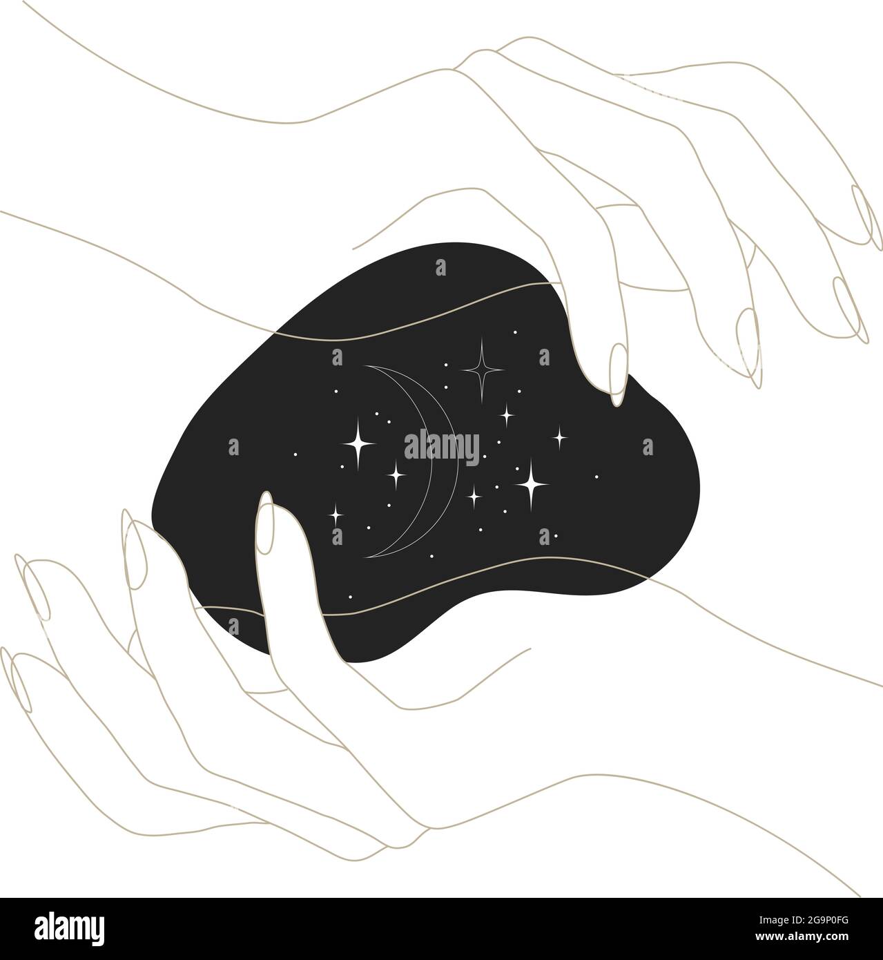 Lineare esoterische Hände, die den Kosmos halten. Rituelles Zauberkonzept. Handgezeichnetes Magic-Logo. Stock Vektor