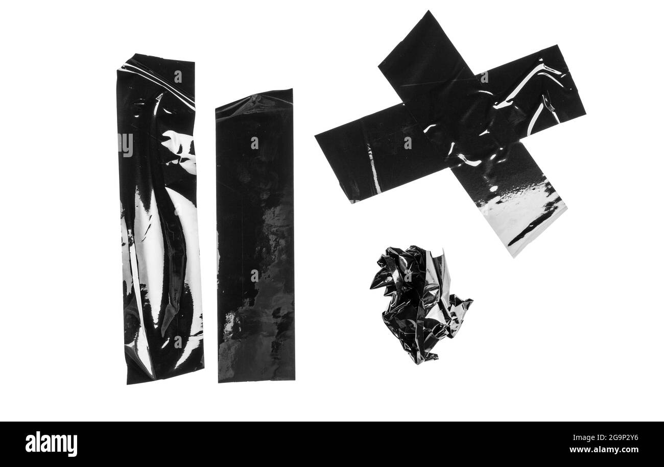 Zerrissene verschiedene Größe schwarzes Klebeband, Klebestücke Stockfoto