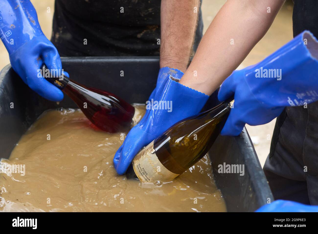 Ahrweiler, Deutschland. Juli 2021. Freiwillige sind in der Adeneuer-Weinkellerei damit beschäftigt, die von der Flut mit Schlamm bedeckten Flaschen zu reinigen. Im Ahrtal, das durch die Überschwemmungen stark verwüstet wurde, werden die Sanierungsarbeiten unvermindert fortgesetzt. Quelle: Thomas Frey/dpa/Alamy Live News Stockfoto