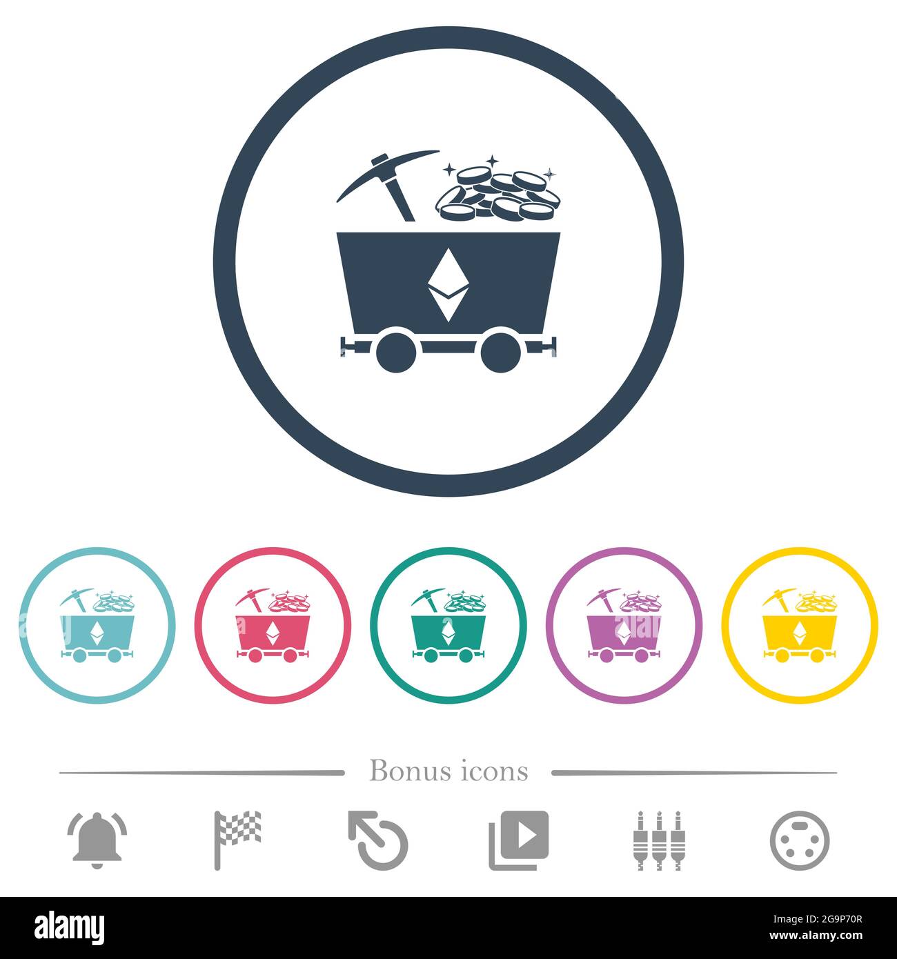 Ethereum Kryptowährung Mining mit Schatzflachfarben-Symbolen in runden Umrissen. 6 Bonus-Symbole enthalten. Stock Vektor