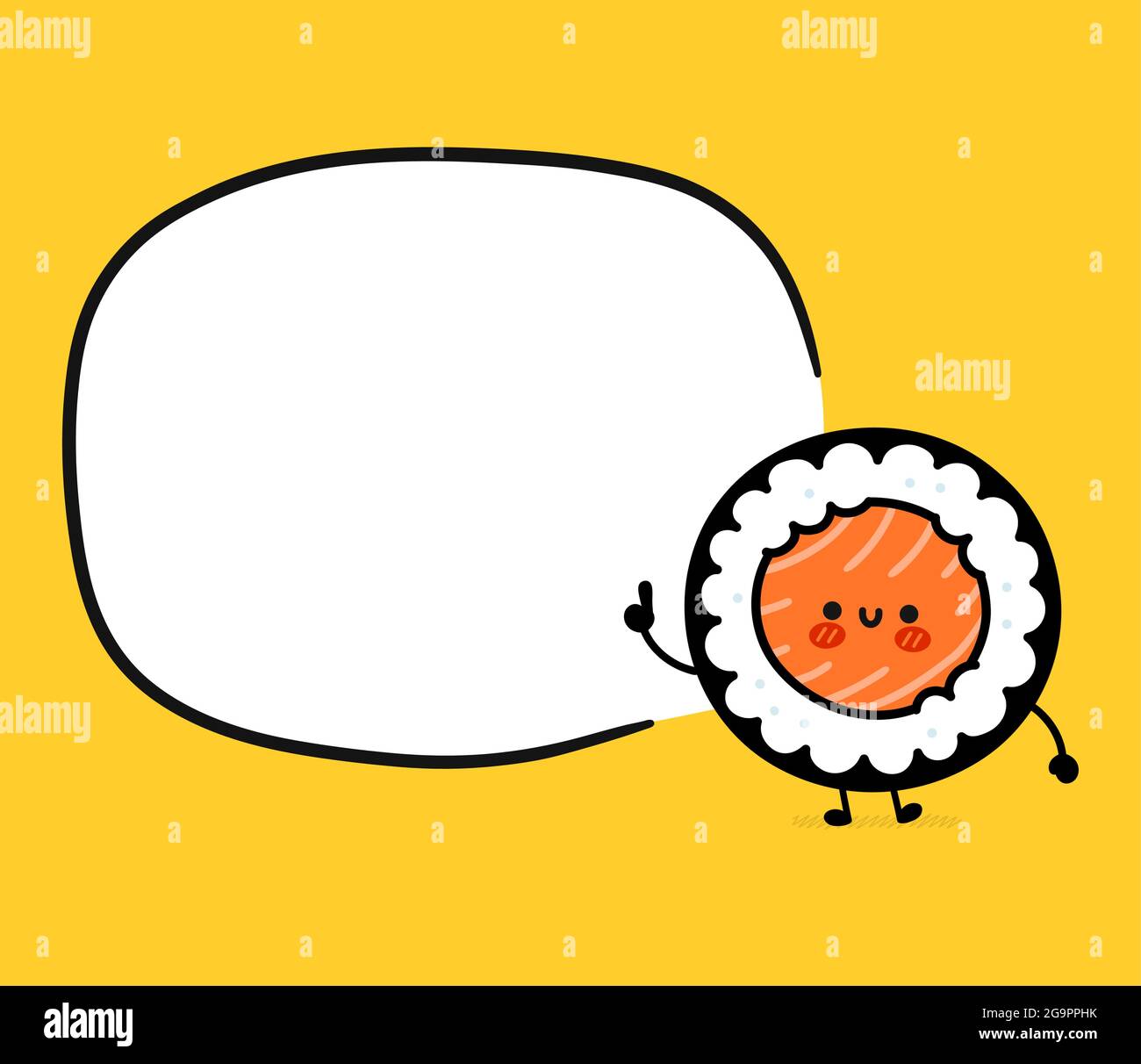 Niedliche lustige Sushi-Rolle Charakter mit Textfeld. Vektor flache Cartoon kawaii Figur Illustration Symbol. Sushi-Rolle, Maki, asiatische Lebensmittel Cartoon Charakter Konzept Stock Vektor