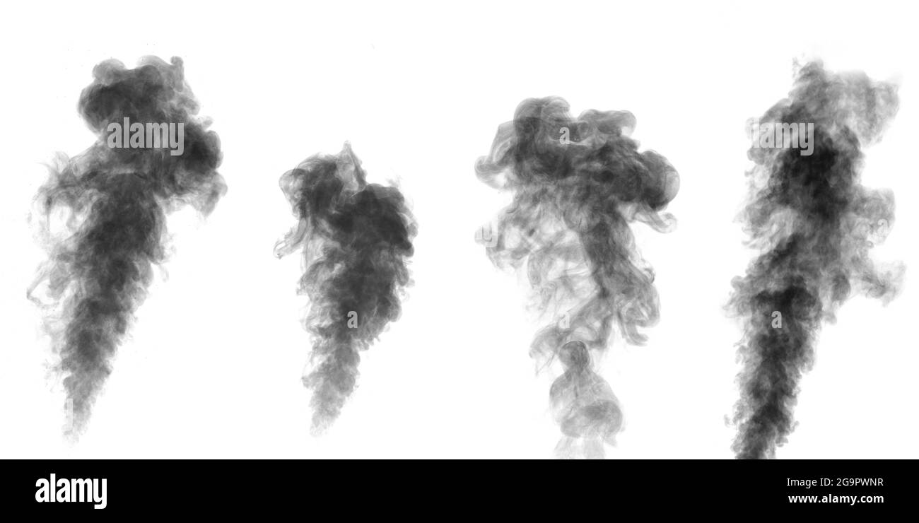 Ein perfektes Set aus vier verschiedenen mystischen lockigen schwarzen Dampf oder Rauch auf weißem Hintergrund, negativ. Abstrakter Hintergrund Nebel oder Smog, Designelement f Stockfoto