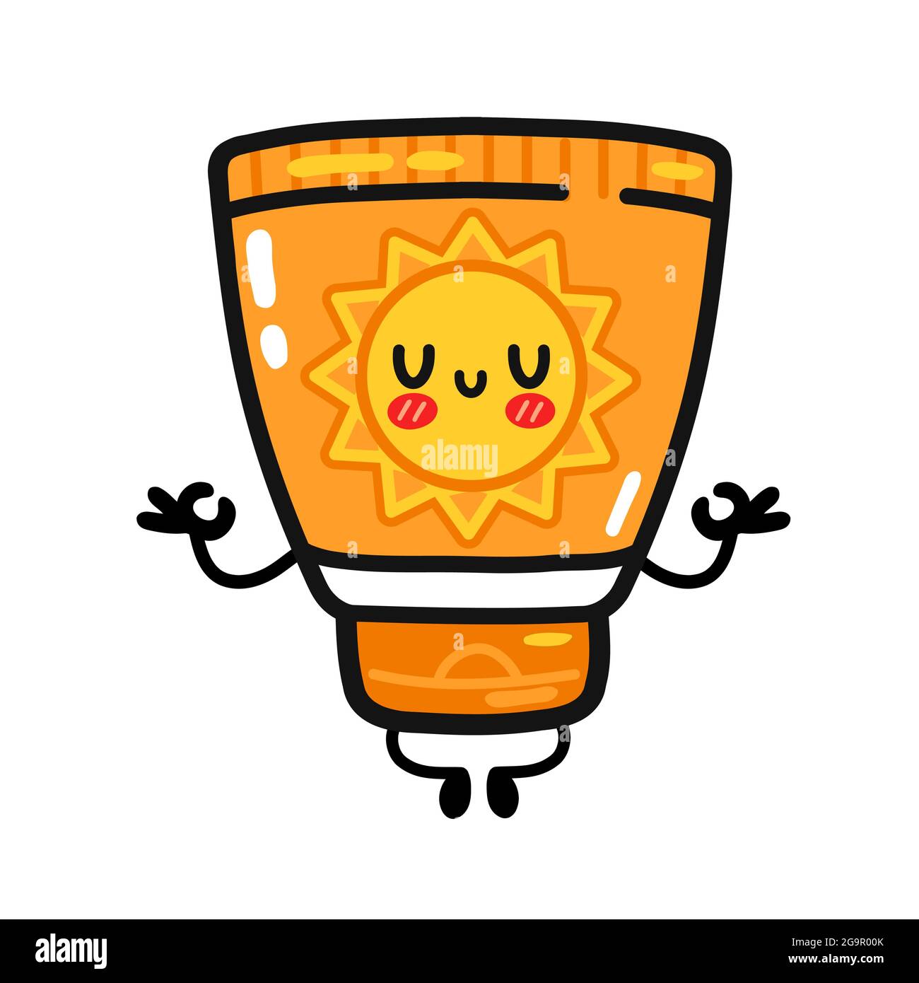 Nette lustige suscreen Rohr meditieren. Vektor flache Linie Cartoon kawaii Figur Illustration Symbol. Isoliert auf weißem Hintergrund. Sonnenschutzmittel, Sonnenschutzcreme Pflege, Sonnenschutzcreme Charakter Konzept Stock Vektor