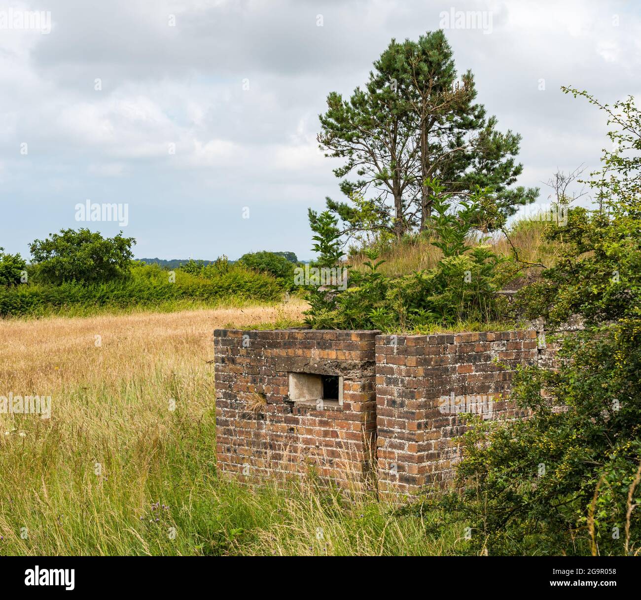 Kriegsverteidigungsrelikt aus überwuchertem Ziegelstein bei RAF Macmerry, East Lothian, Schottland, Großbritannien Stockfoto