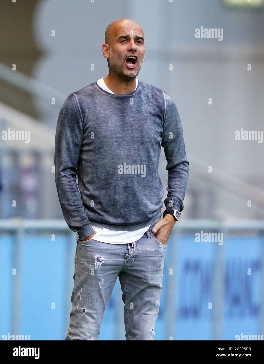 Manchester City Manager Pep Guardiola während des Vorsaison-Freundschaftsspiel im Academy Stadium, Manchester. Bilddatum: Dienstag, 27. Juli 2021. Stockfoto