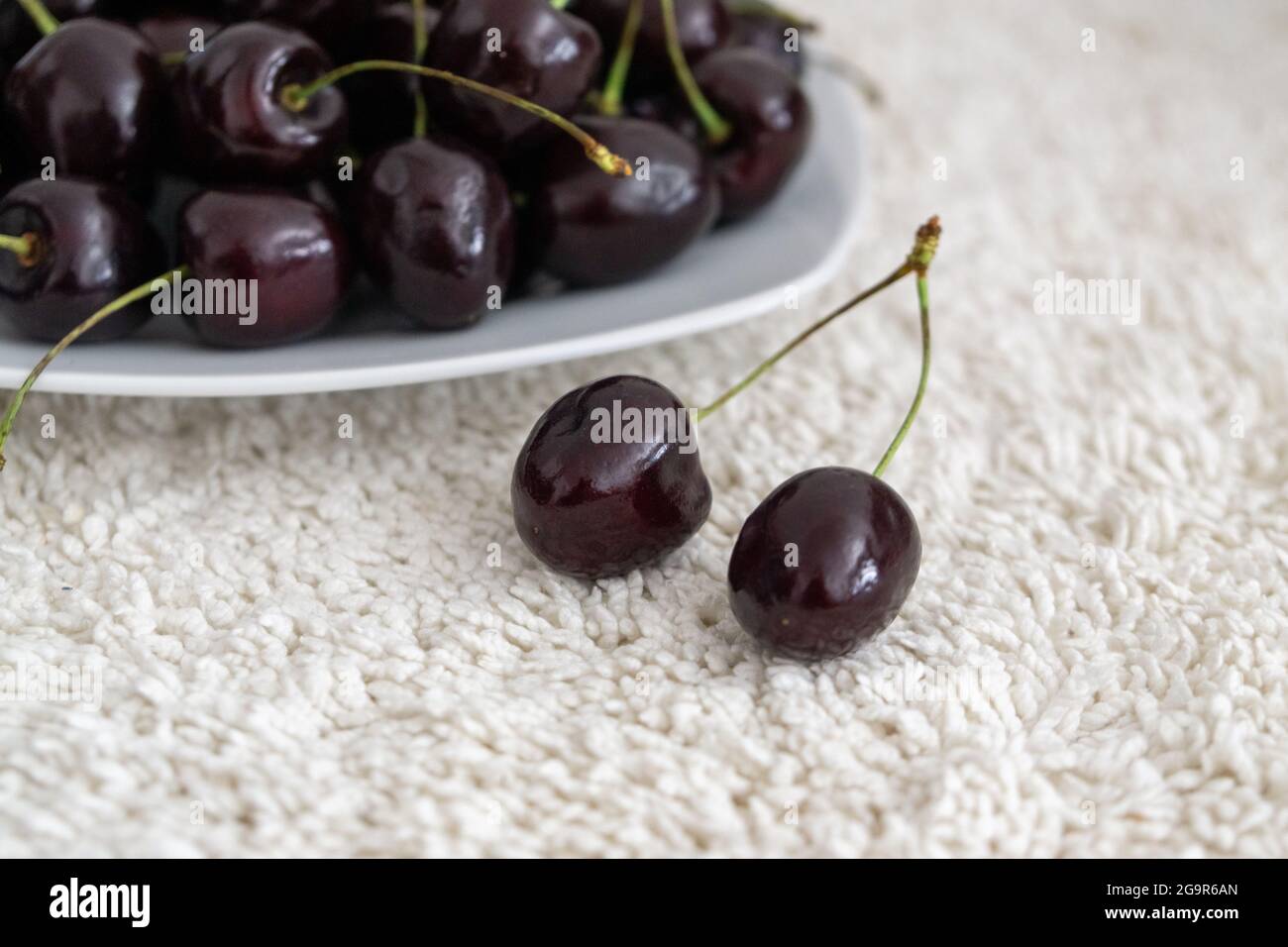 Reife rote Kirschen Fruchtmakro isoliert auf dem Teller. Slowakei Stockfoto