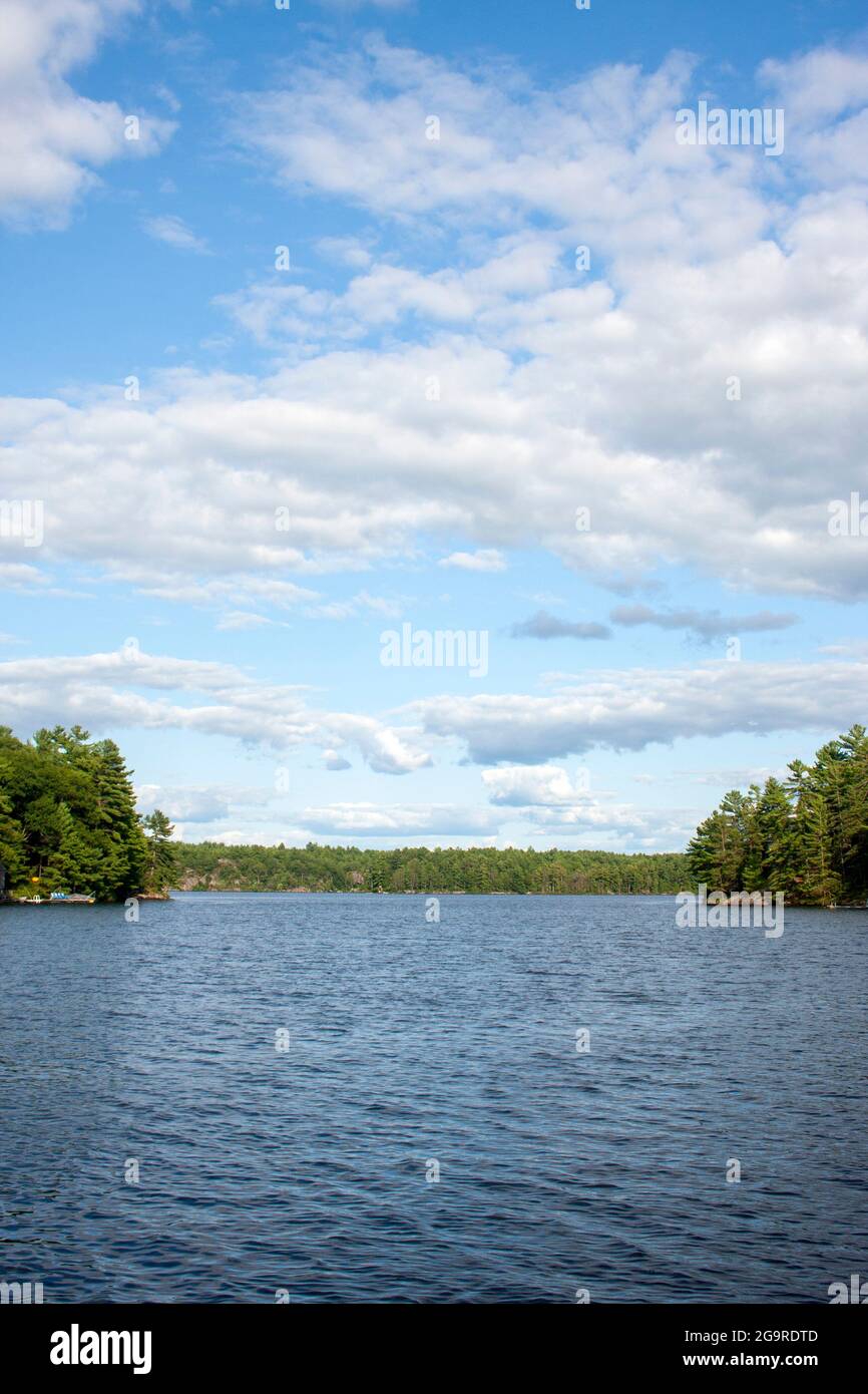 Das Wasser kräuselt in einem Muskoka-See, mit Bäumen, blauem Himmel und flauschigen Wolken Stockfoto