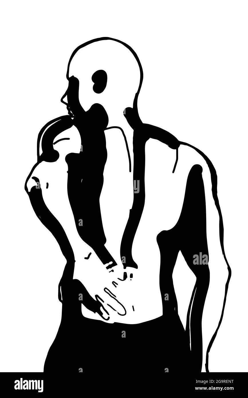 Zurück gedreht Mann Rücken Schmerzen, Illustration Zeichnung, schwarz weiße Farben. Stockfoto