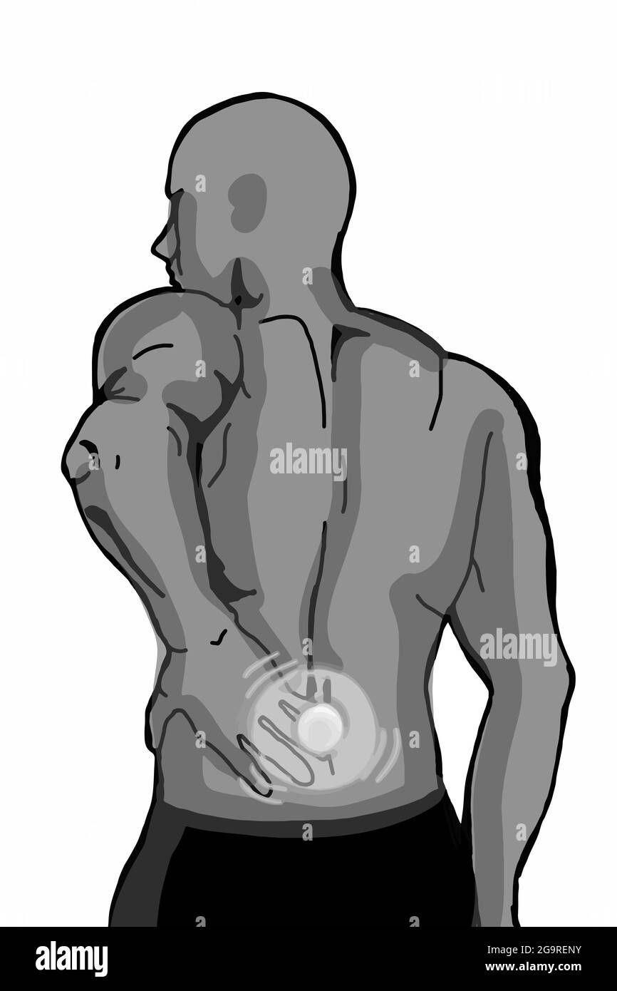 Zurück gedreht Mann Rückenschmerzen, Illustration Zeichnung, graue Farben. Stockfoto