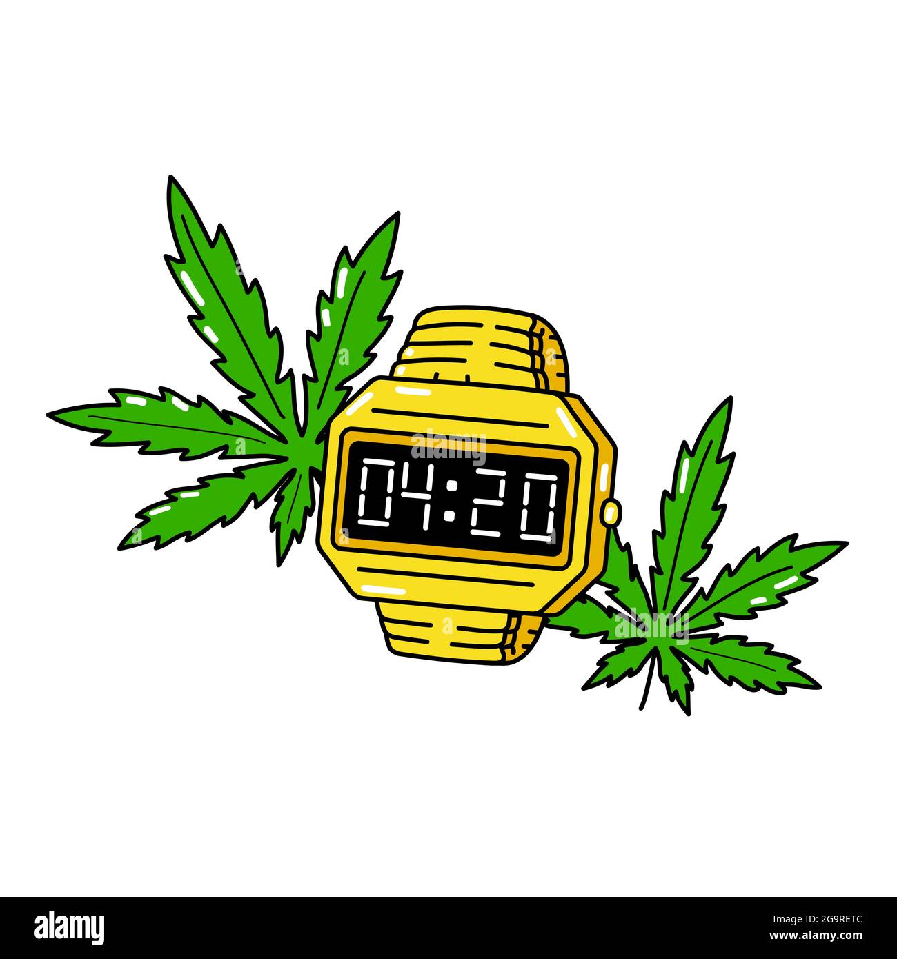 4:20 Mal auf einer goldenen elektronischen Uhr und Cannabis-Blätter. Vektor Cartoon Illustration Design. Isoliert auf weißem Hintergrund. 420 Uhr, Unkraut, Cannabis, grüner Blattdruck für T-Shirt, Posterkonzept Stock Vektor