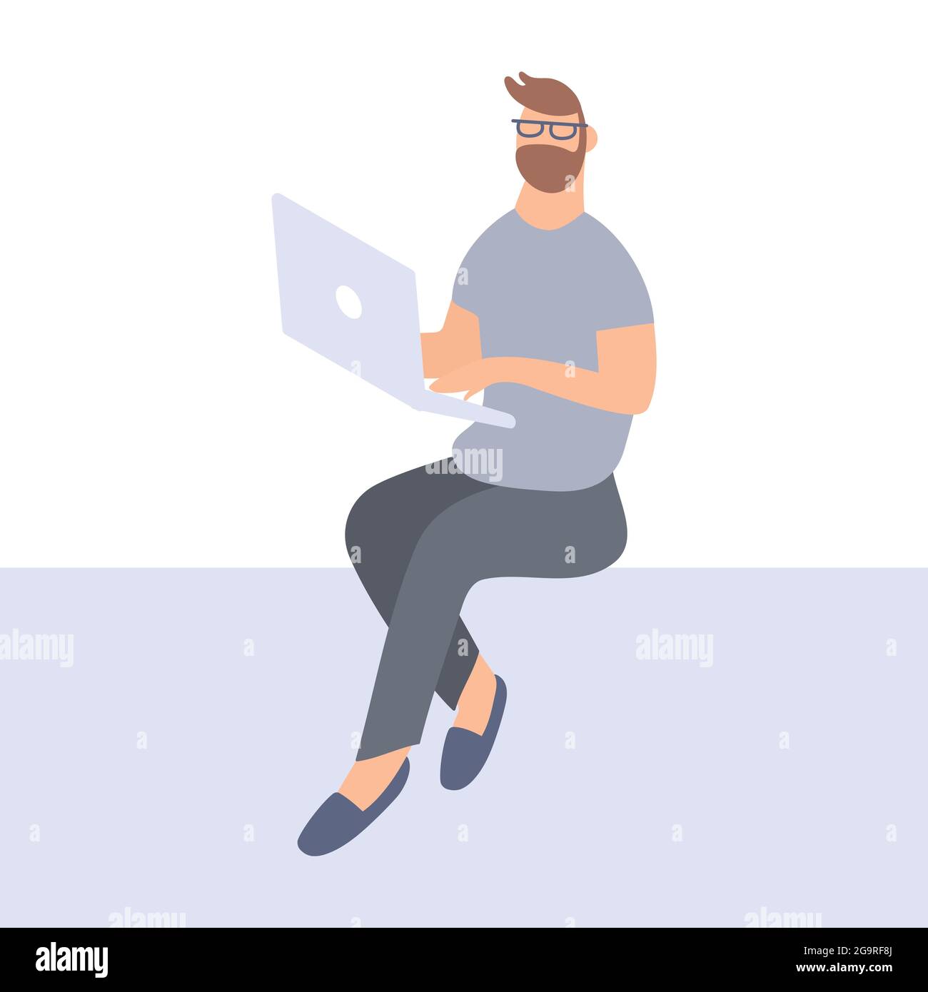 Mann Hipster arbeiten auf Laptop.Programmierer auf Remote-Arbeit, Entfernung E-Learning oder Online-Training.Guy Entwickler mit Brille mit Notebook. Vektor Stock Vektor