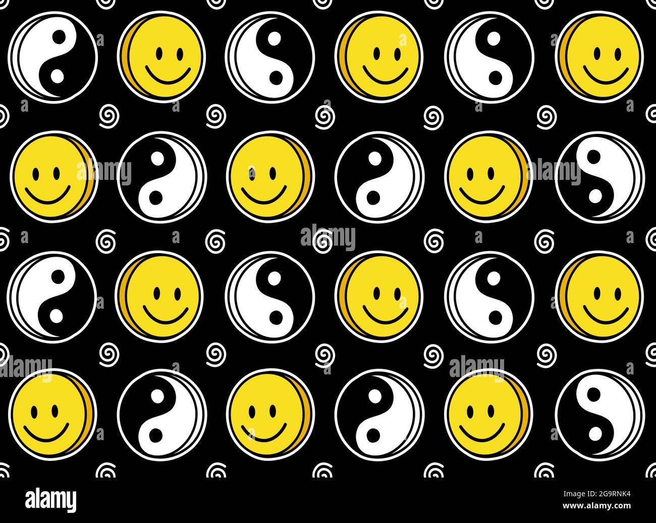 Lustige Lächeln niedliches Gesicht und Yin Yang nahtlose Muster. Vektor Doodle Cartoon kawaii Figur Illustration Symbol Design. Positive Lächeln Gesichter, Yin Yang, hoch, Reise, Techno Cartoon nahtlose Muster Konzept Stock Vektor