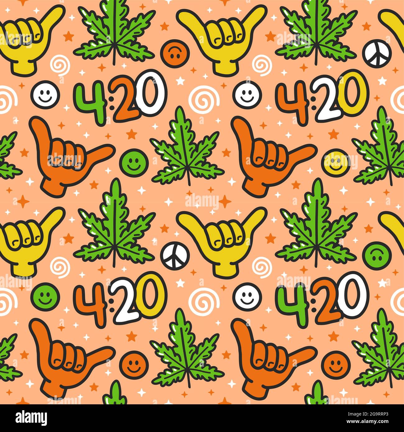 Lustige Marihuana Unkraut, shaka-Geste, 420 nahtlose Muster. Vektor Hand gezeichnete Doodle skizzieren Cartoon kawaii Figur Illustration. Trippy, Weed, 420, shaka, Cannabis Blatt Cartoon nahtlose Muster Konzept Stock Vektor