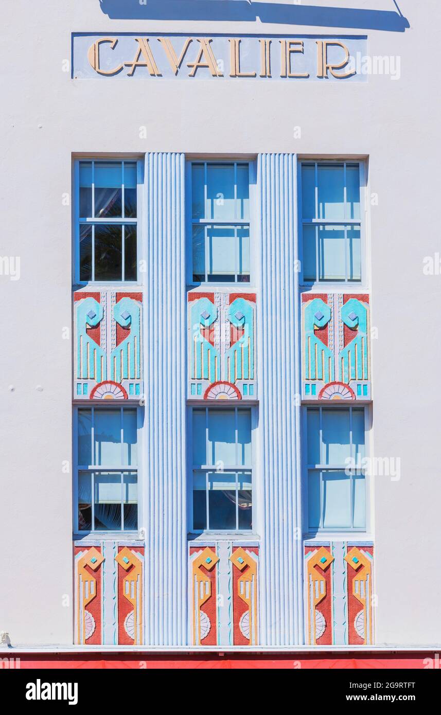 Hotelfassade im Art déco-Stil, Ocean Drive, South Beach, Miami, Florida, USA Stockfoto