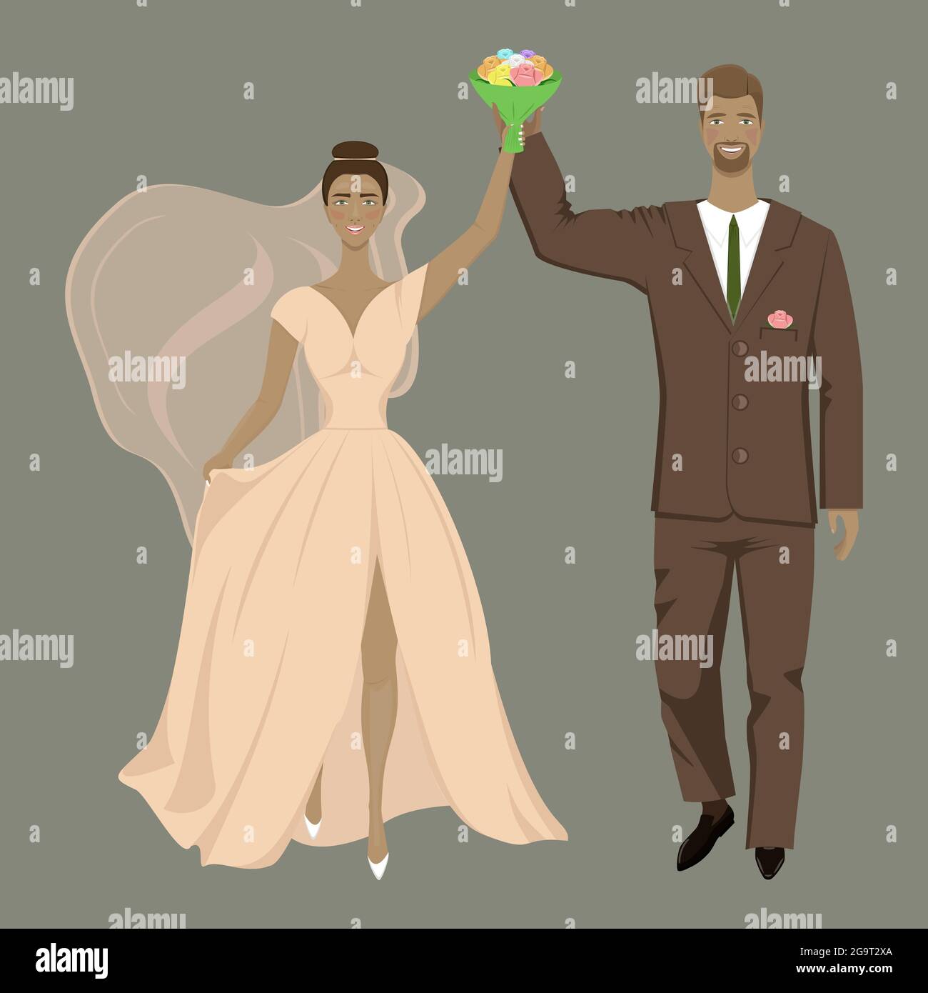 Glücklicher Bräutigam mit Braut, die Blumenstrauß in den Händen hält und auf grauem Hintergrund lächelt Stock Vektor