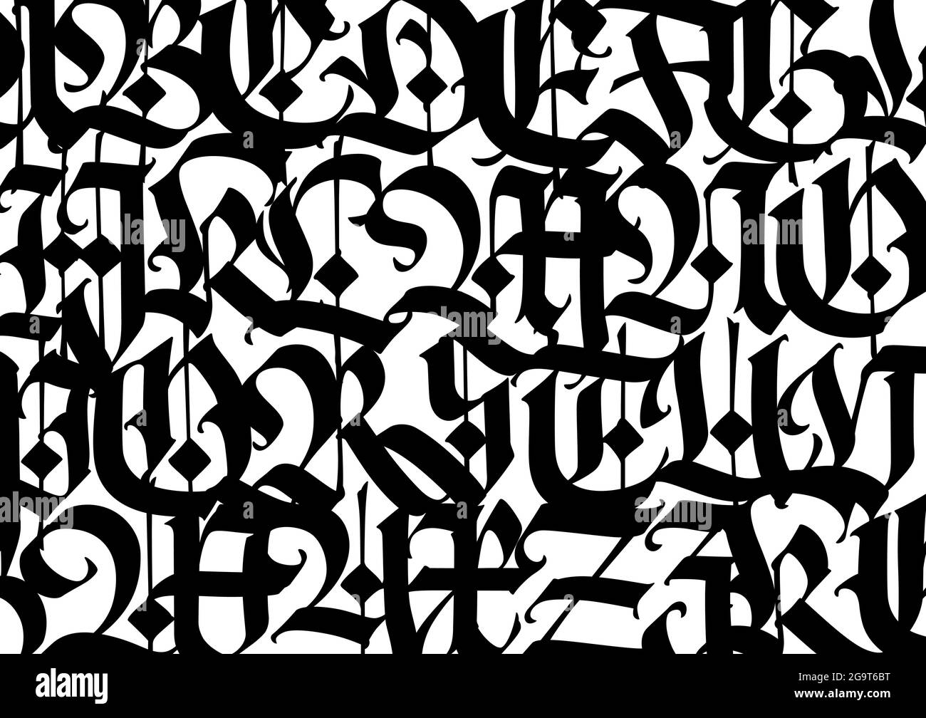 Mittelalterliches Gothic-Muster. Vektor. Moderne europäische Gotik. Schwarze Buchstaben auf weißem Hintergrund. Alle Briefe sind mit einem Stift handgeschrieben. Großbuchstaben. Stock Vektor