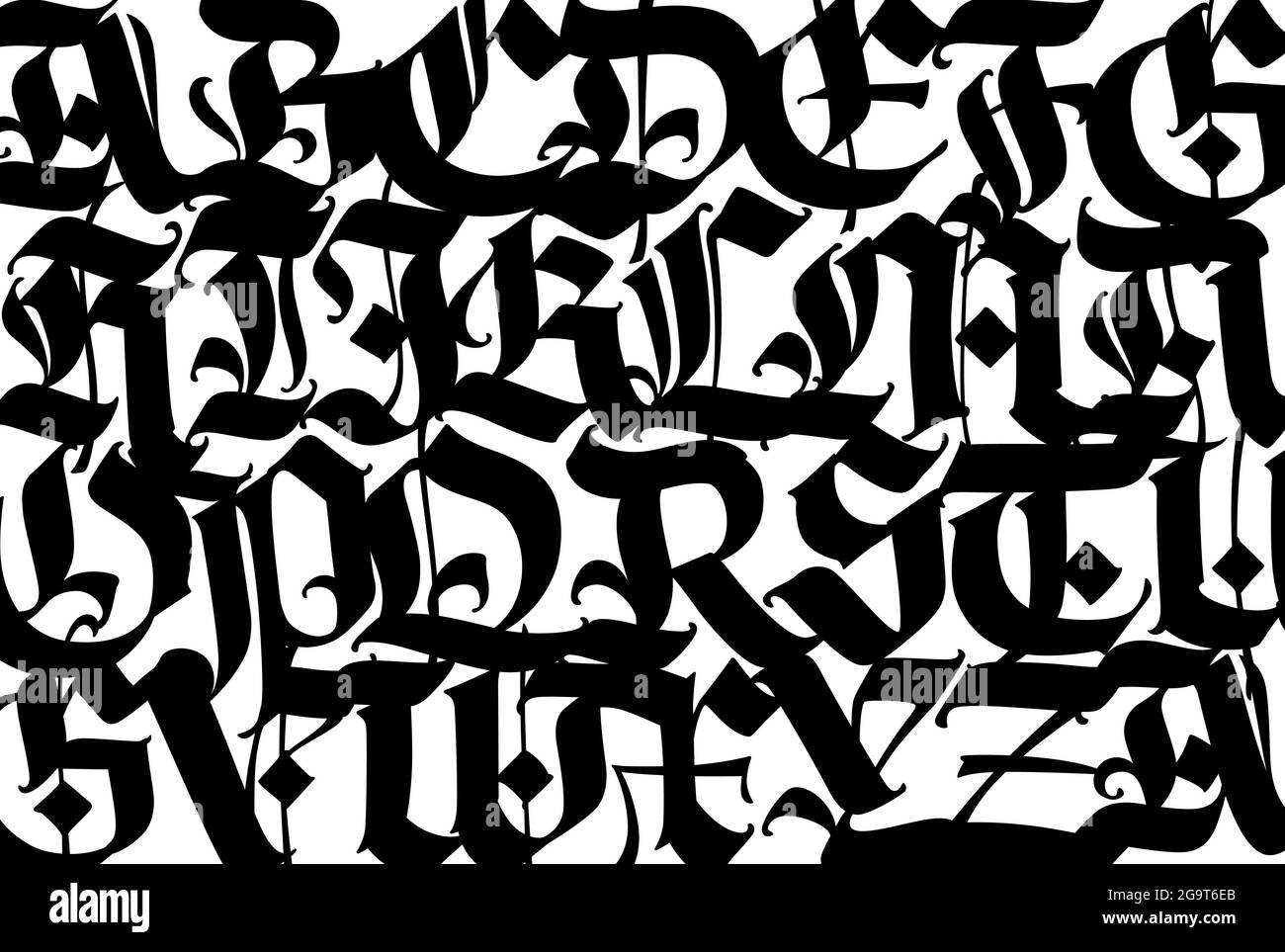 Mittelalterliches Gothic-Muster. Vektor. Moderne europäische Gotik. Schwarze Buchstaben auf weißem Hintergrund. Alle Briefe sind mit einem Stift handgeschrieben. Großbuchstaben. Stock Vektor