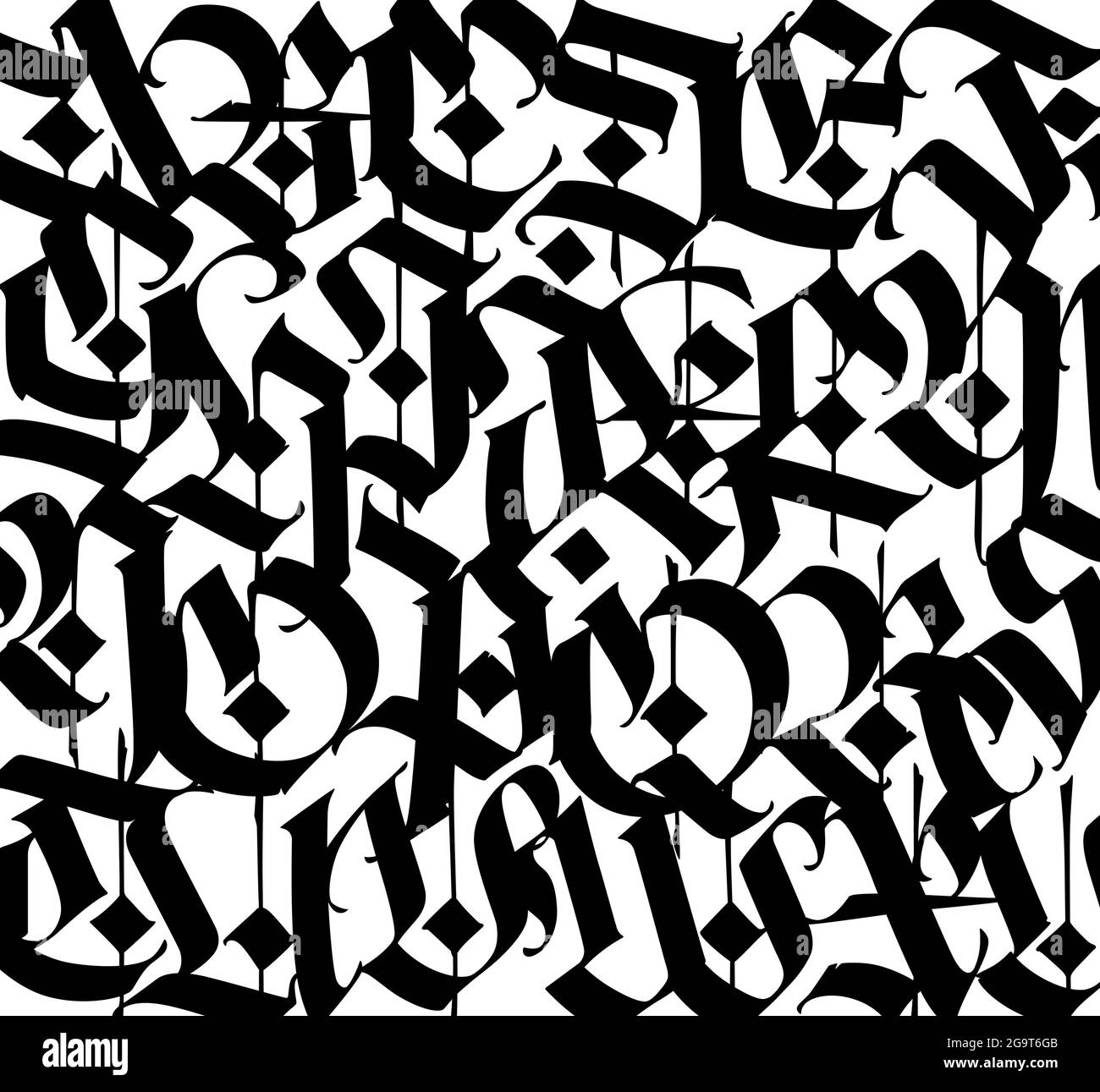 Mittelalterliches Gothic-Muster. Vektor. Moderne europäische Gotik. Schwarze Buchstaben auf weißem Hintergrund. Alle Briefe sind mit einem Stift handgeschrieben. Großbuchstaben. Stock Vektor