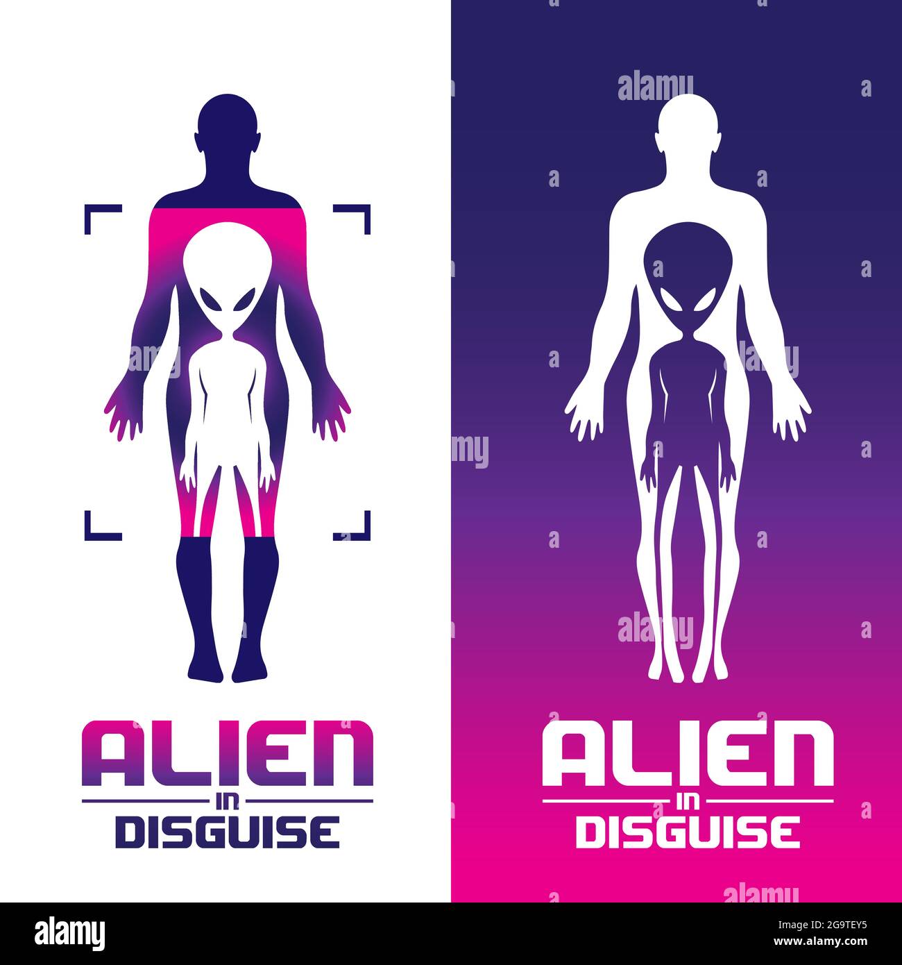 Alien in Disguise Concept Volume 1 Set-Vektor für den kommerziellen Einsatz. Erhältlich in 2 Varianten Stock Vektor