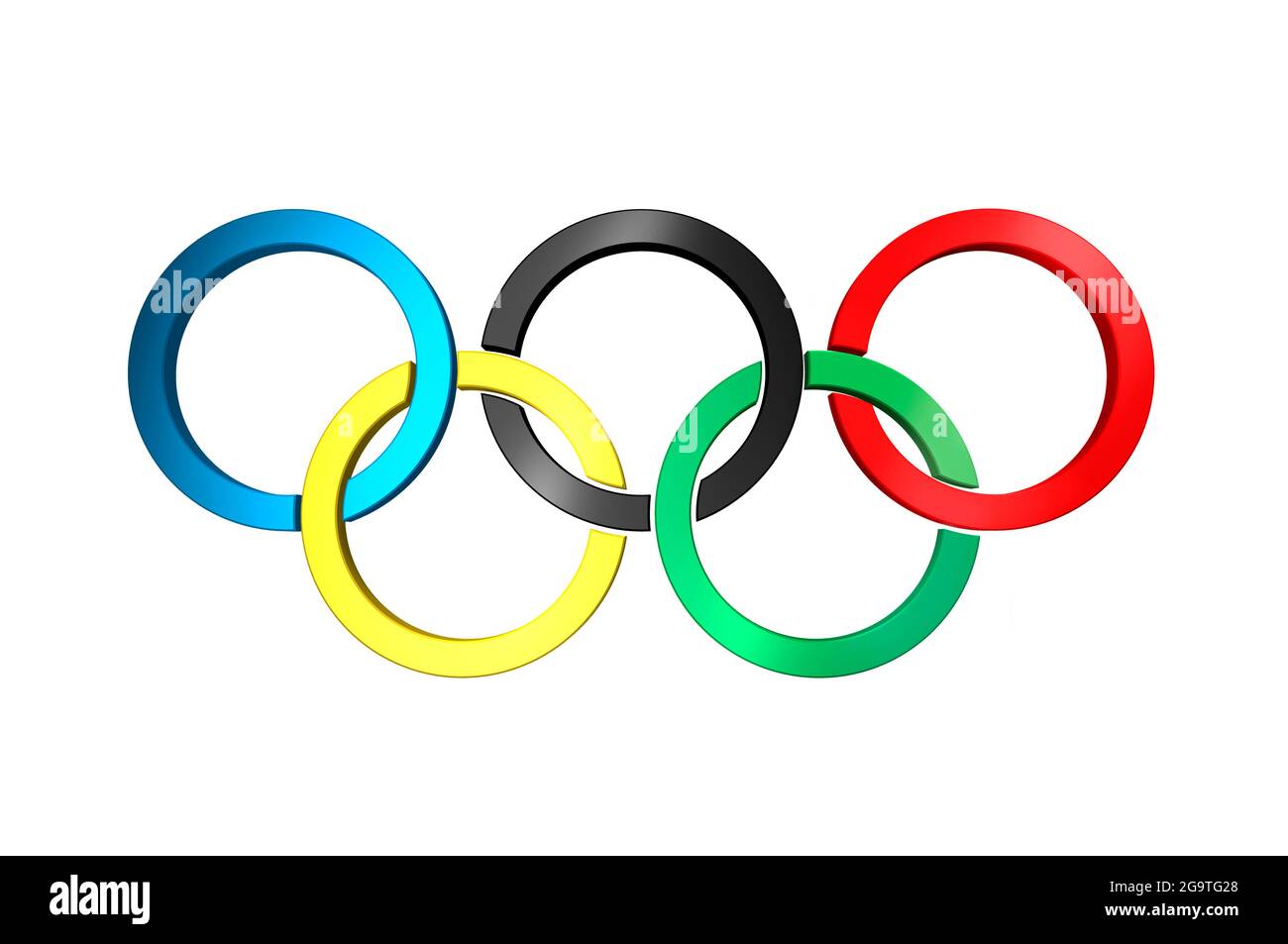 3D-Darstellung von olympischen Ringen in ihren symbolischen Farben isoliert auf weißem Hintergrund. Stockfoto