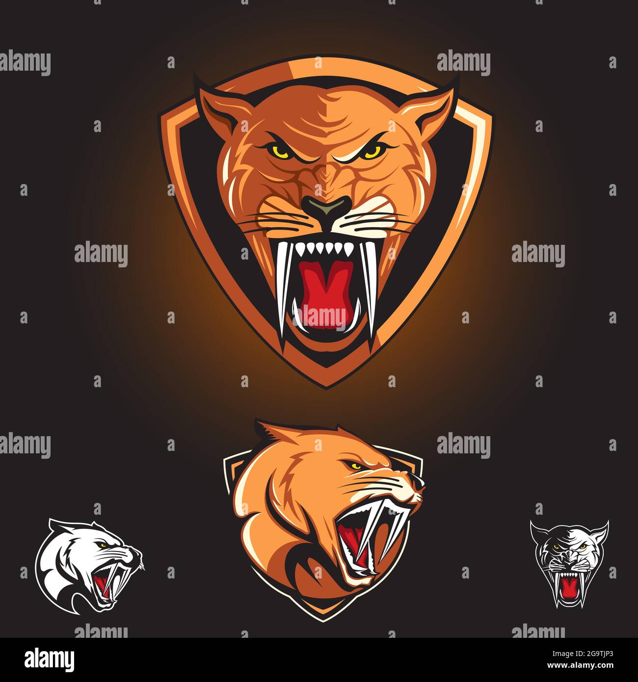 Sabertooth Cat, Smilodon Logo Emblem Logo Abzeichen. vektor-Illustration Stock Vektor