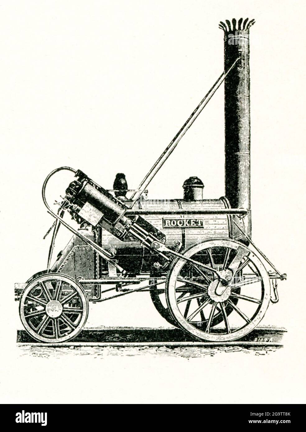 Die von Robert Stephenson gebaute Raketenlokomotive. Die 'Rocket', die hier in dieser Gravur von 1901 gezeigt wurde, war die erste moderne Dampflokomotive. Es wurde 1829 in Newcastle, England, von George Stephenson, der als "Vater der Eisenbahn" bekannt ist, erbaut. Stockfoto