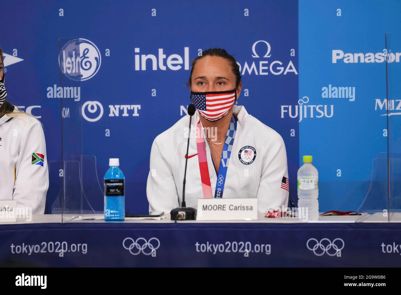 Chiba, Japan. Juli 2021. Carissa Moore (USA) Surfen : Pressekonferenz während der Olympischen Spiele 2020 in Tokio am Tsurigasaki Surfing Beach in Chiba, Japan . Quelle: KONDO/AFLO/Alamy Live News Stockfoto