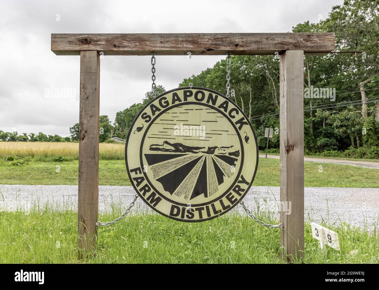 Schild für die Sagaponack Farm Disillery, Sagaponack, NY Stockfoto