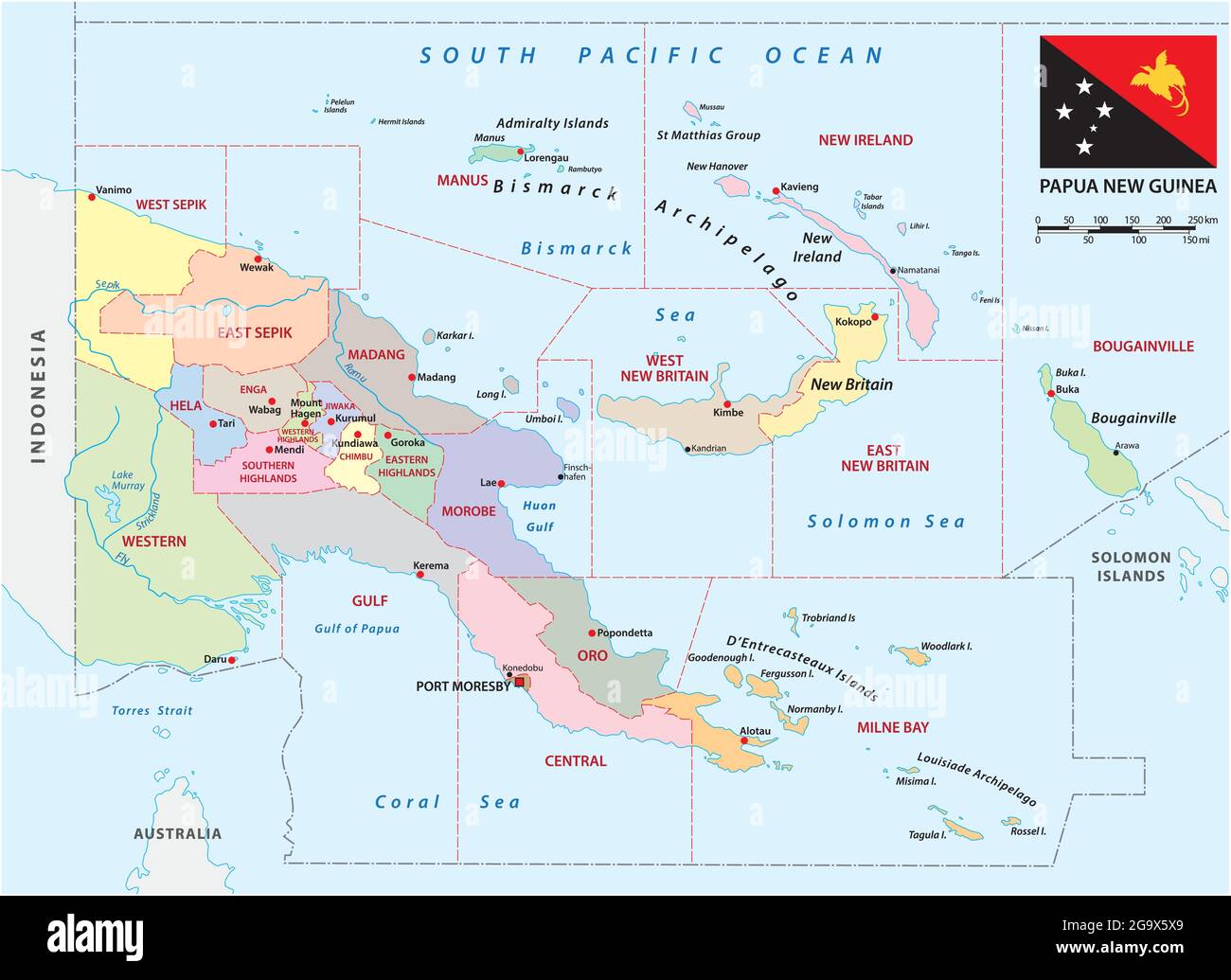 Administrative Vektorkarte der Provinzen papua-Neuguinea mit Flagge Stock Vektor
