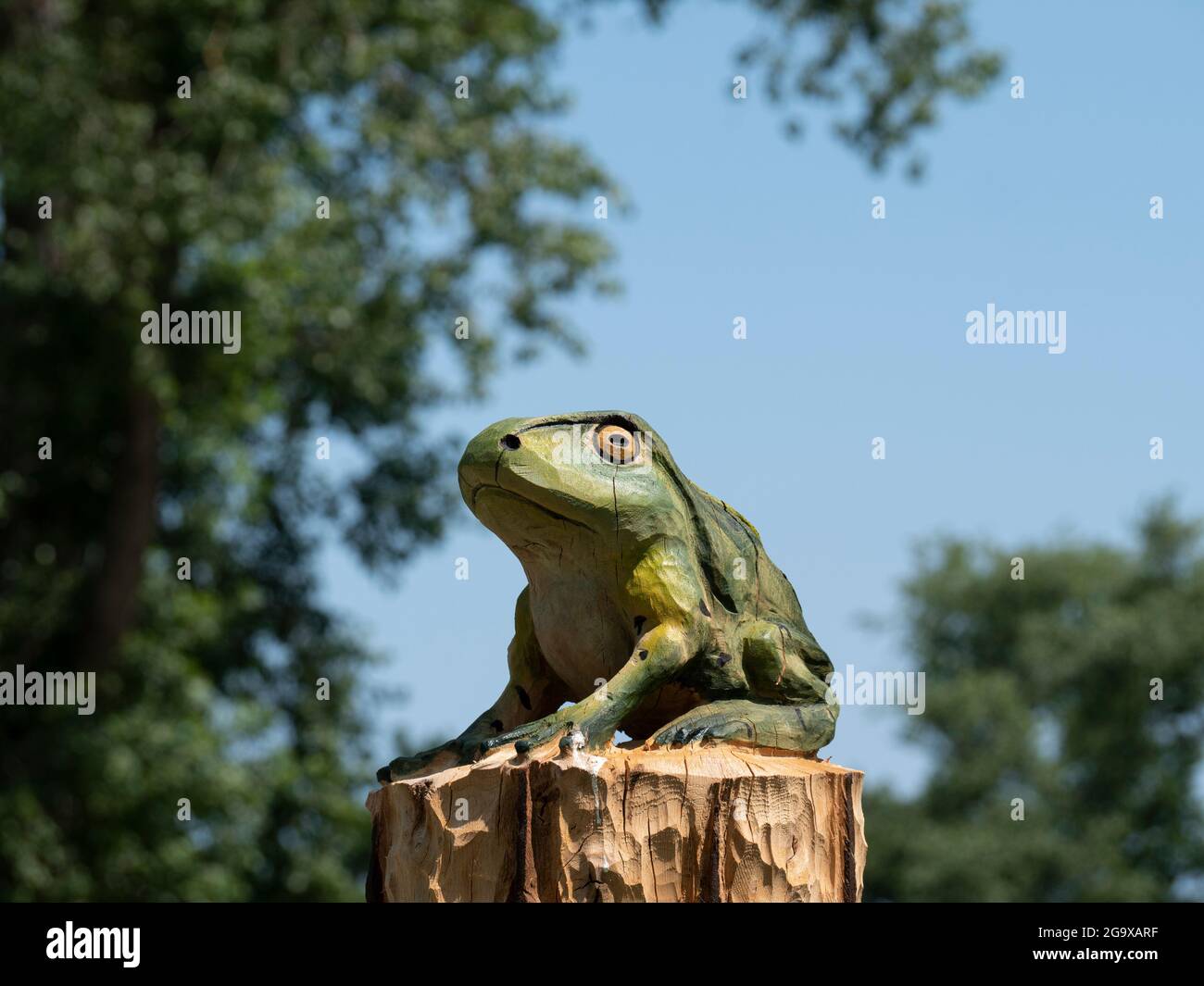 Ein bemalter Frosch aus Holz mit Kettensäge auf einem Baumstamm Stockfoto